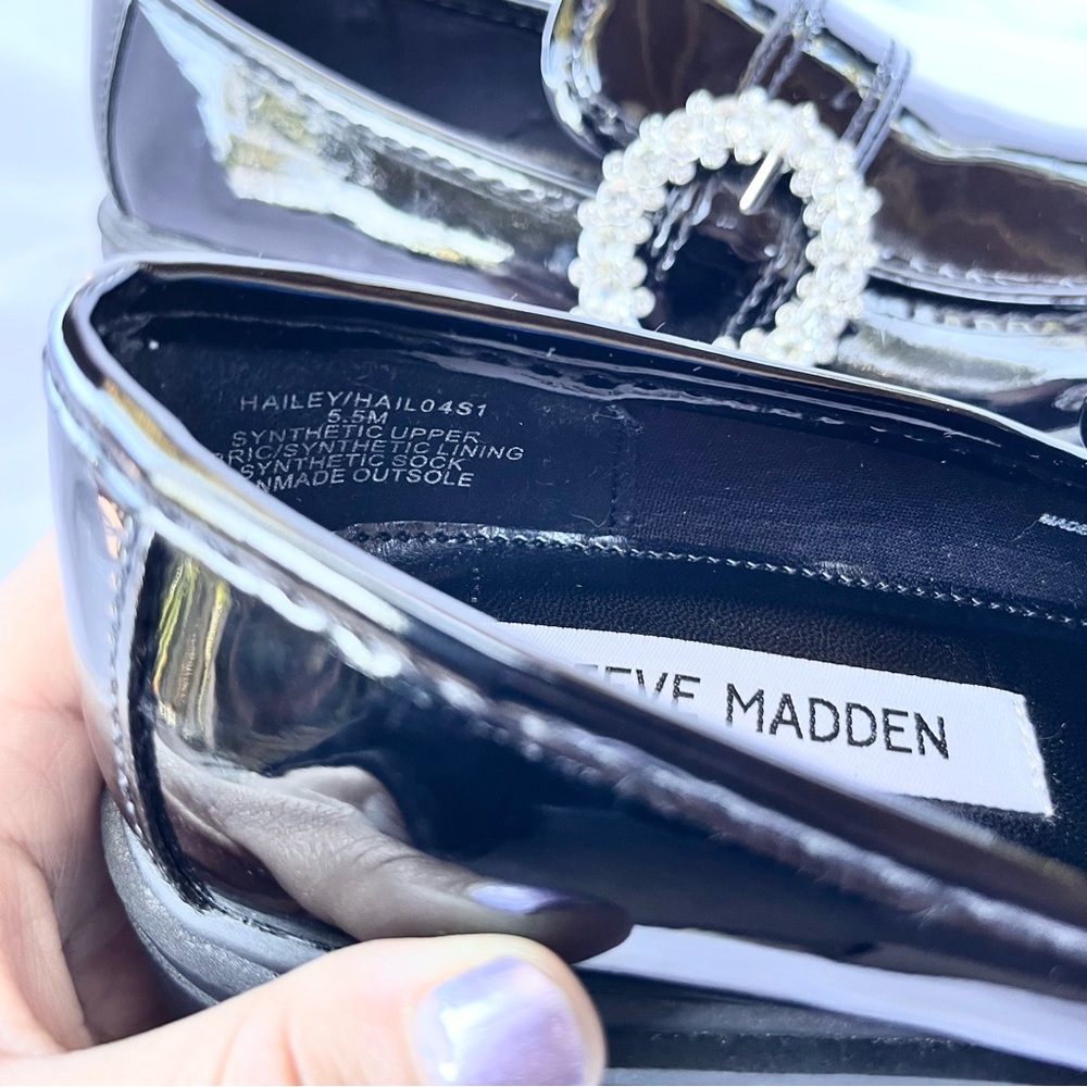 STEVE MADDEN | HAILEY EMBELLISHED BUCKLE SHOE IN BLACK PATENT LOAFER SIZE 5.5 - Picture 8 of 9